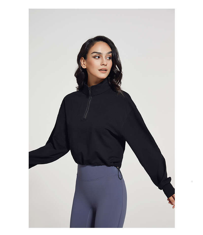 2024 New Stand up Collar Fitness Sports Sweater Women's Loose Zipper Drawstring Long Sleeve Yoga Dress Top T-shirt