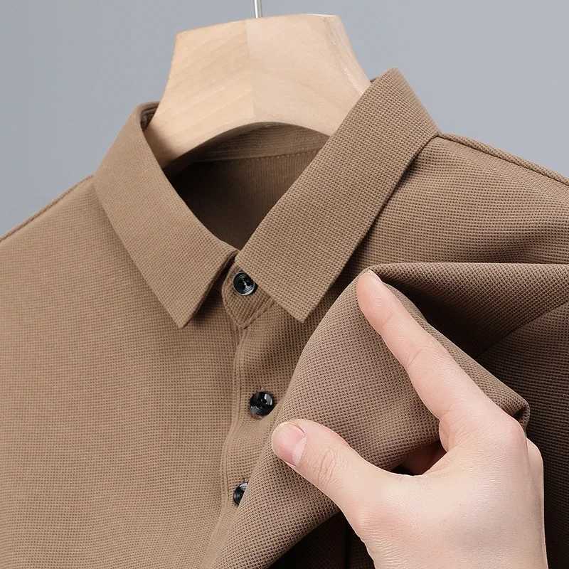 Mens Fashion Waffle Solid Long Sleeved Polo Shirt Summer Breathable Comfortable TopXJ240906