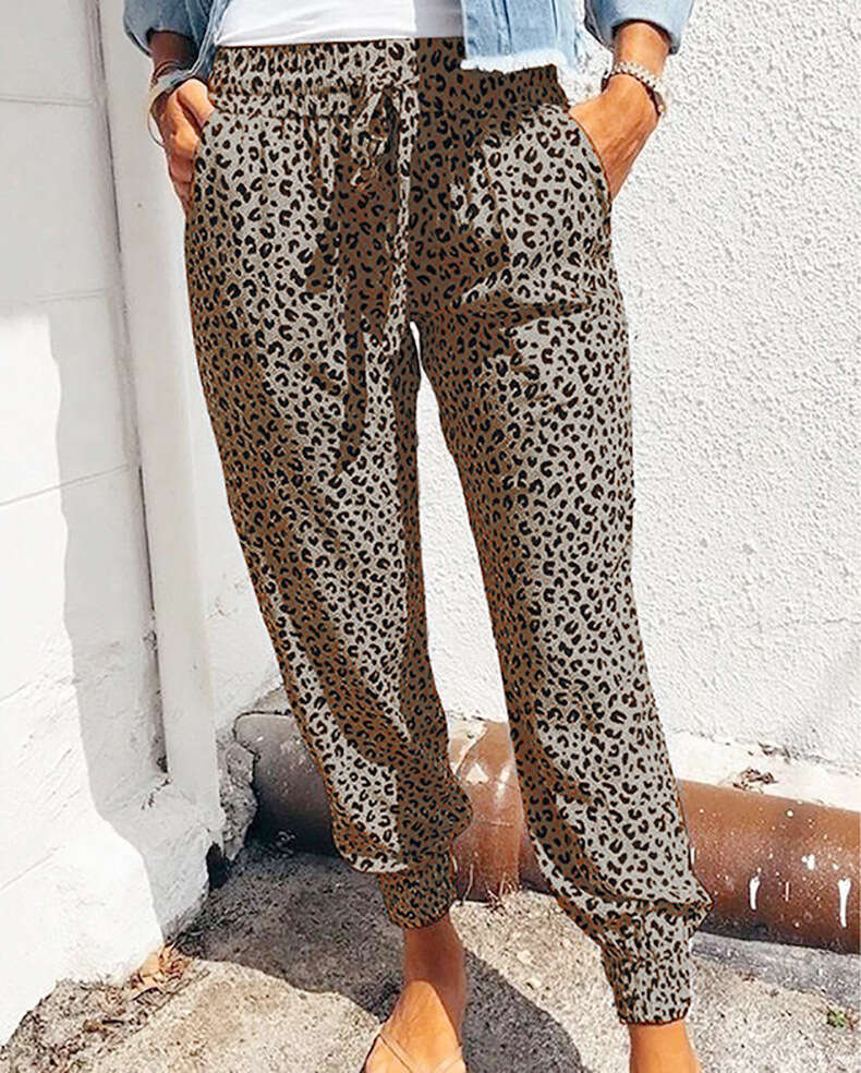 2024 Summer New Women's Legged Loose Leopard Print Strap Casual Pants