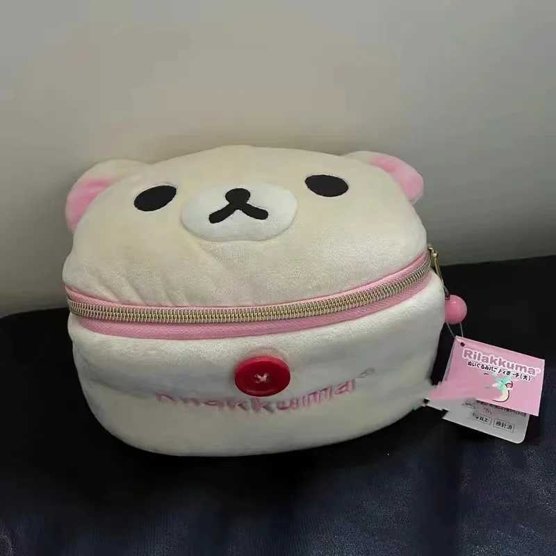New Kawaii Cute Rilakkuma Face Bag Plush Oval Three way Makeup Bag Portable Storage Bag Cartoon Ins Girl Gift W240905