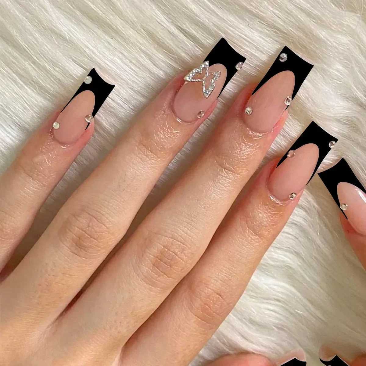 24 pieces of fake nails with adhesive butterfly design long coffin French ballet dancer fake nails complete set of acrylic nails pointed press nails W