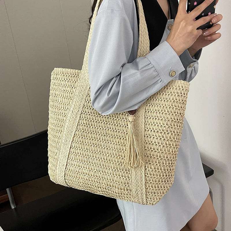 Summer Woven Shoulder Bag Women Beach Female Straw Knitted Handmade Large Capacity Handbag Purse Travel Tote Bags 240906