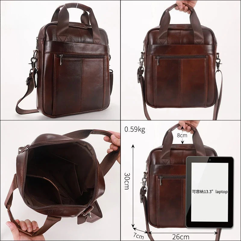 Mens handbag 100% genuine leather shoulder cross body bag vertical briefcase business travel messenger suitable for 133inch iPad 240906