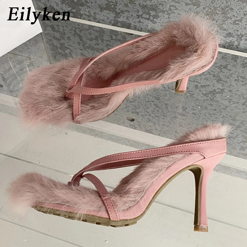 Eilyken Faux Fur Slipper High Heels Shoes Fall Street Females Square Head Toe Clip-On Sandals Women 240904