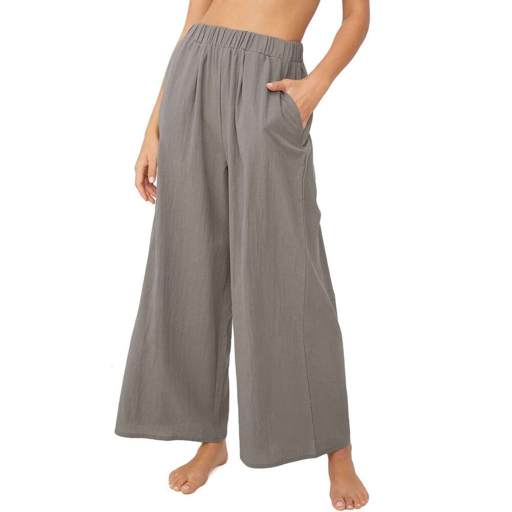 2024 Spring/Summer New Cotton and Hemp Women's Solid Color High Waist Loose Relaxed Wide Leg Pants