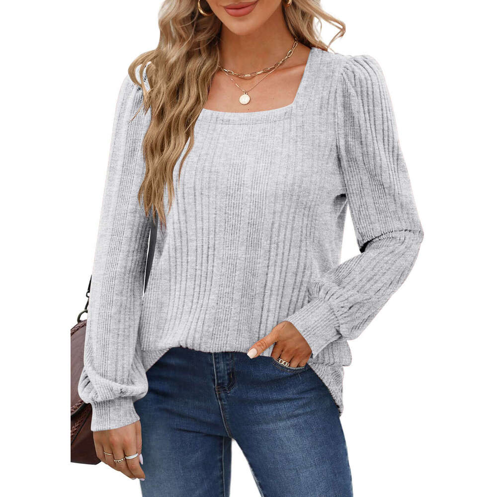 2024 Temu Autumn/Winter New Product Women's Pit Bar Square Collar Fashion Casual Long Sleeve Top