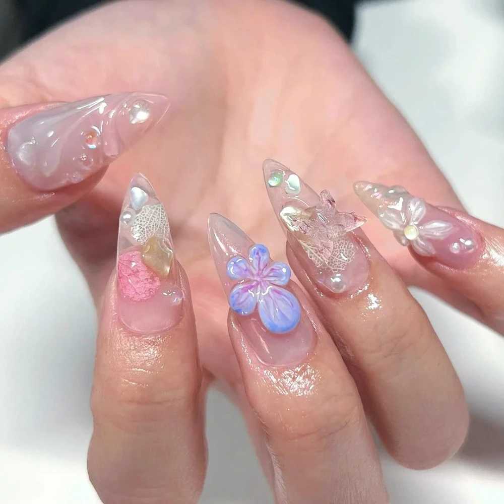 10 handmade oval shaped fake nails with cute flowers limited nail pressing on nails designed with adhesive nail file set W240905