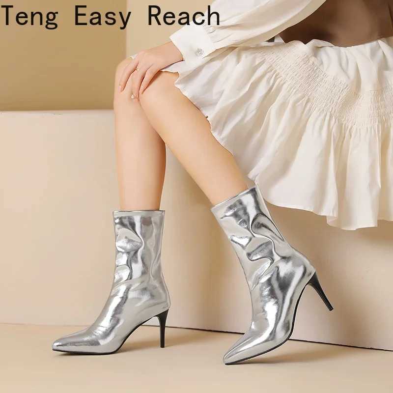 2024 FAshion Gold and Sier Womens Ankle Boots Thin High Heel Short Boots Pointed Toe Slip on Autumn Winter Womens Shoes Size 45 CL240906