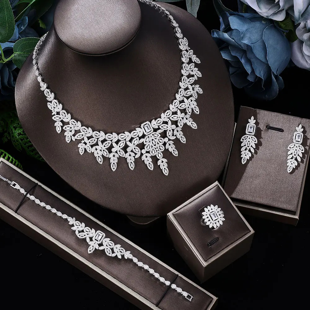 4-piece cubic zirconia necklace bracelet ring fashion Dubai bride wedding jewelry set bridal accessories 240906