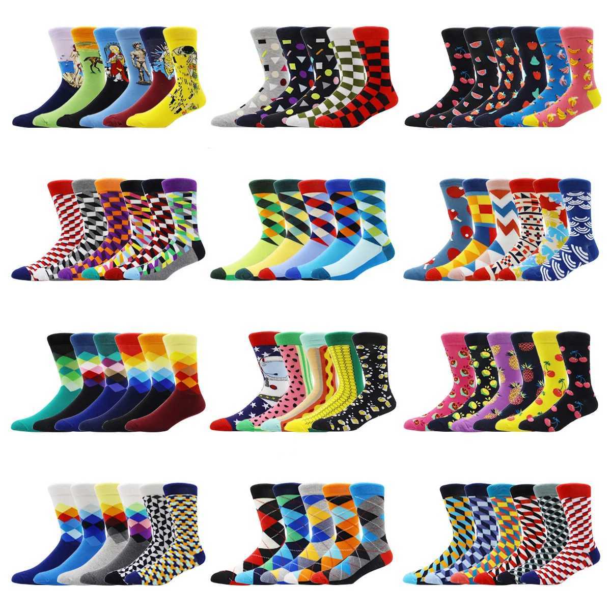 5-6 pairs of new high-quality pure cotton mens socks for womens happy fashion novel skateboarding crew casual fun mens socks W240905