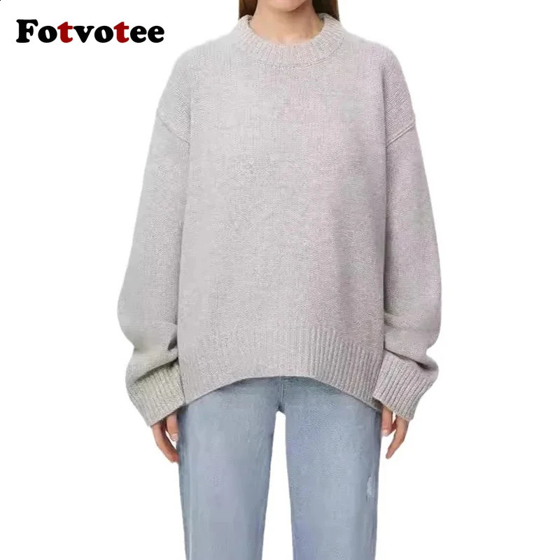 FOTVOTEE Womens Knitted ONeck Solid Casual Sweater Autumn Winter Fashion Long Sleeve Elastic Loose Jumper 240905