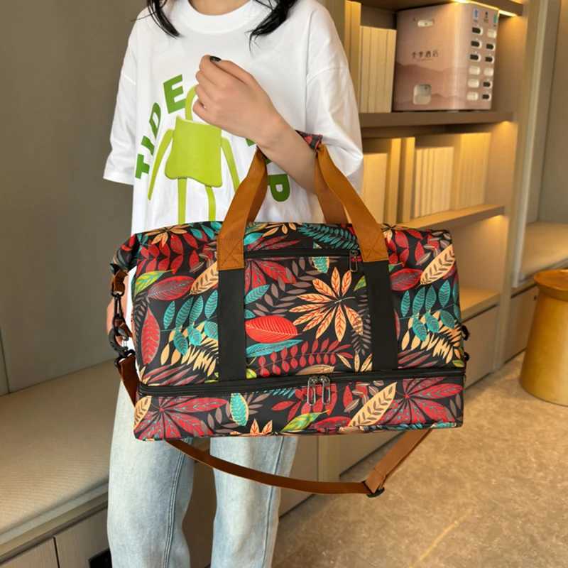 Womens printed fitness travel bag with dry wet separation expandable waterproof sports swimming yoga large capacity handbag W240906