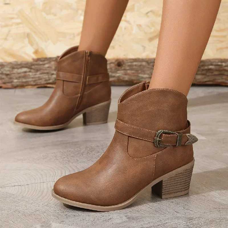 Plus size womens boots autumn womens solid color ankle fashion high heels denim western boots spring womens Pointed Toe boots CL240906
