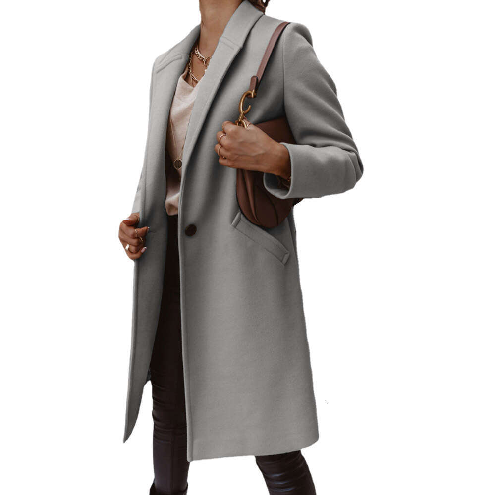 2024 new autumn and winter solid color lapel mid long button down woolen coat jacket for women