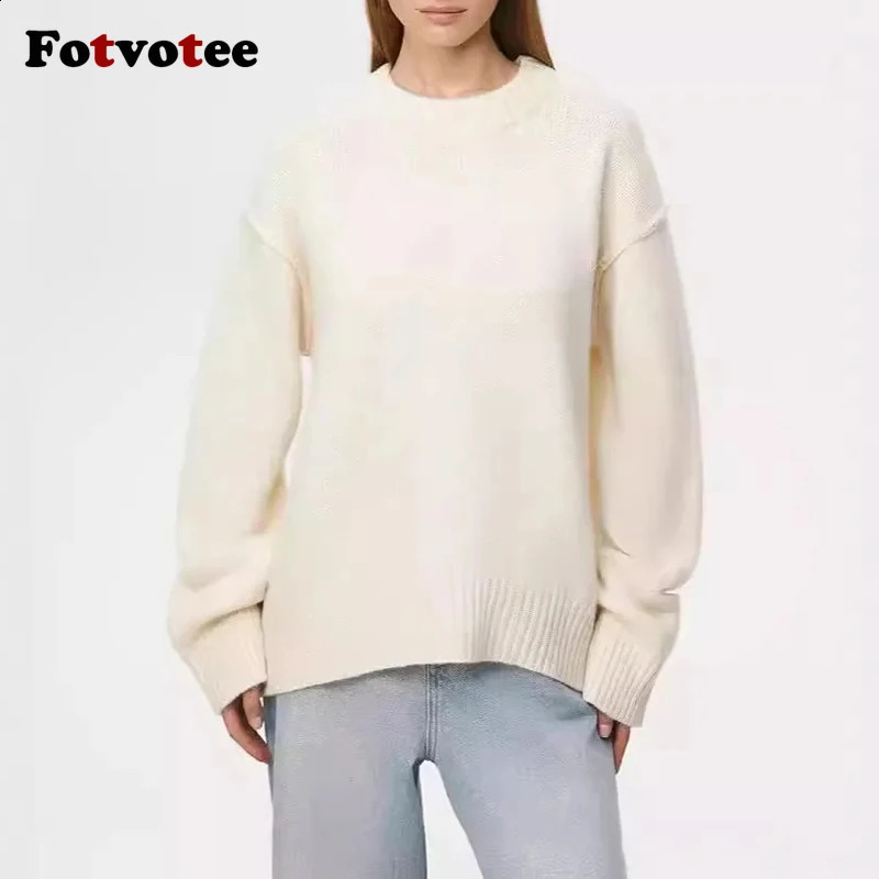 FOTVOTEE Womens Knitted ONeck Solid Casual Sweater Autumn Winter Fashion Long Sleeve Elastic Loose Jumper 240905