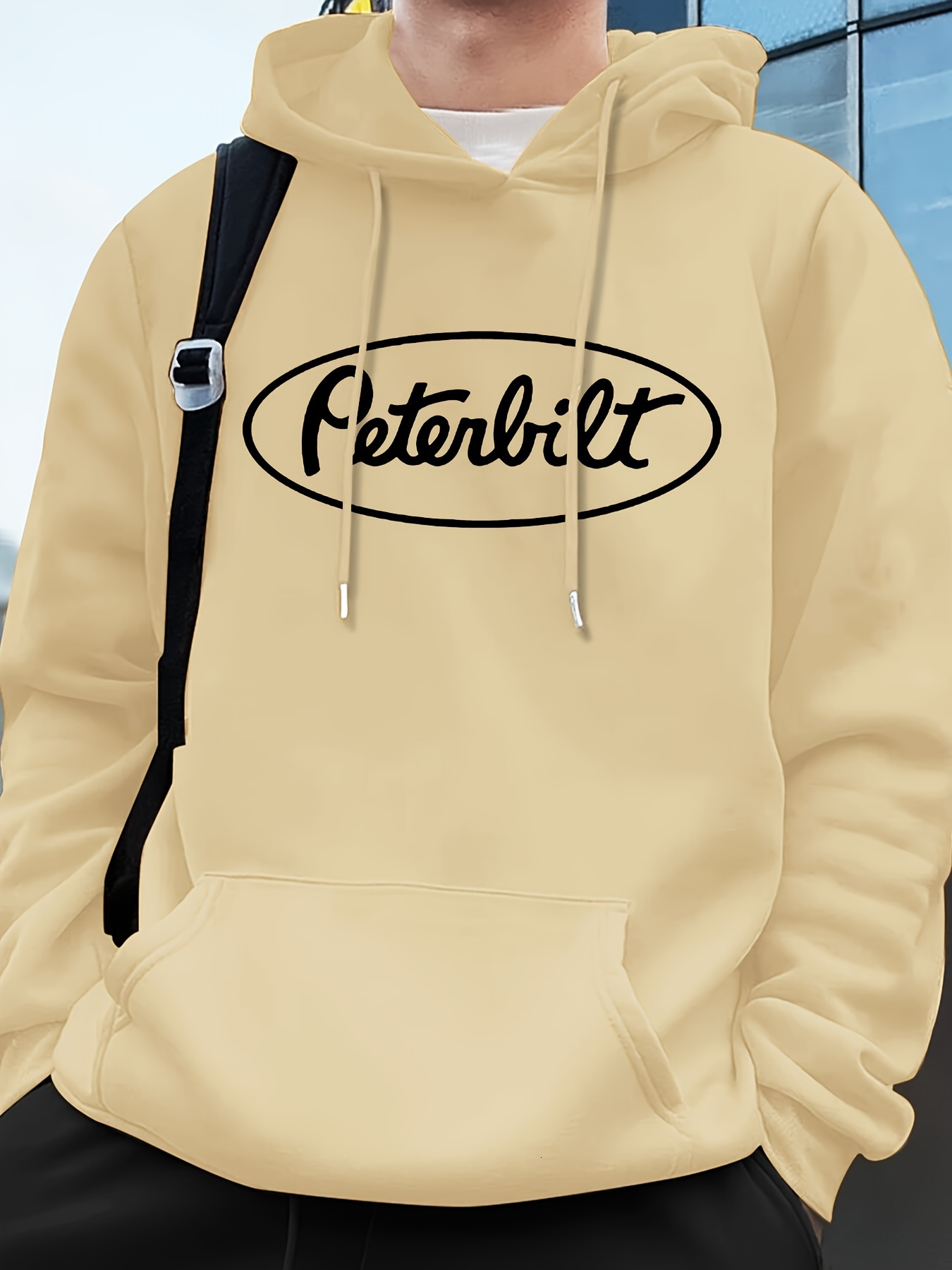 Casual Hooded Sweatshirt with Pocket - Knit Fabric Regular Fit Polyester Hoodie with Geometric Peterbilt Logo for Autumn/Winter