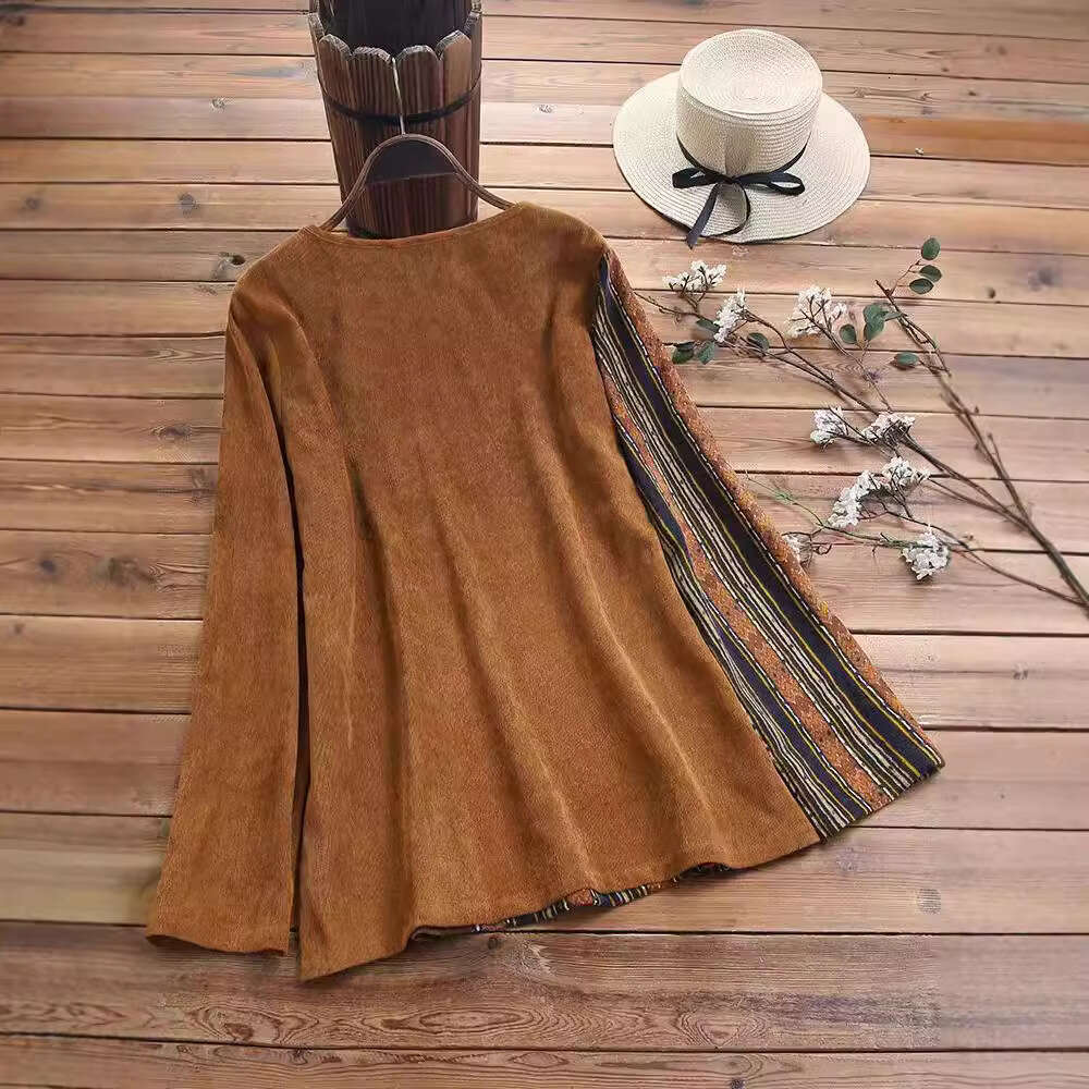 2024 New Corduroy Round Neck Long Sleeve Shirt Top