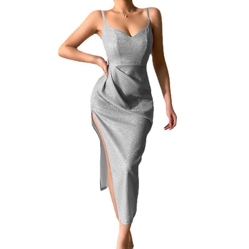2023 Spring New Sparkling Pink Sexy Deep V Strap Split Style Long Dress Women