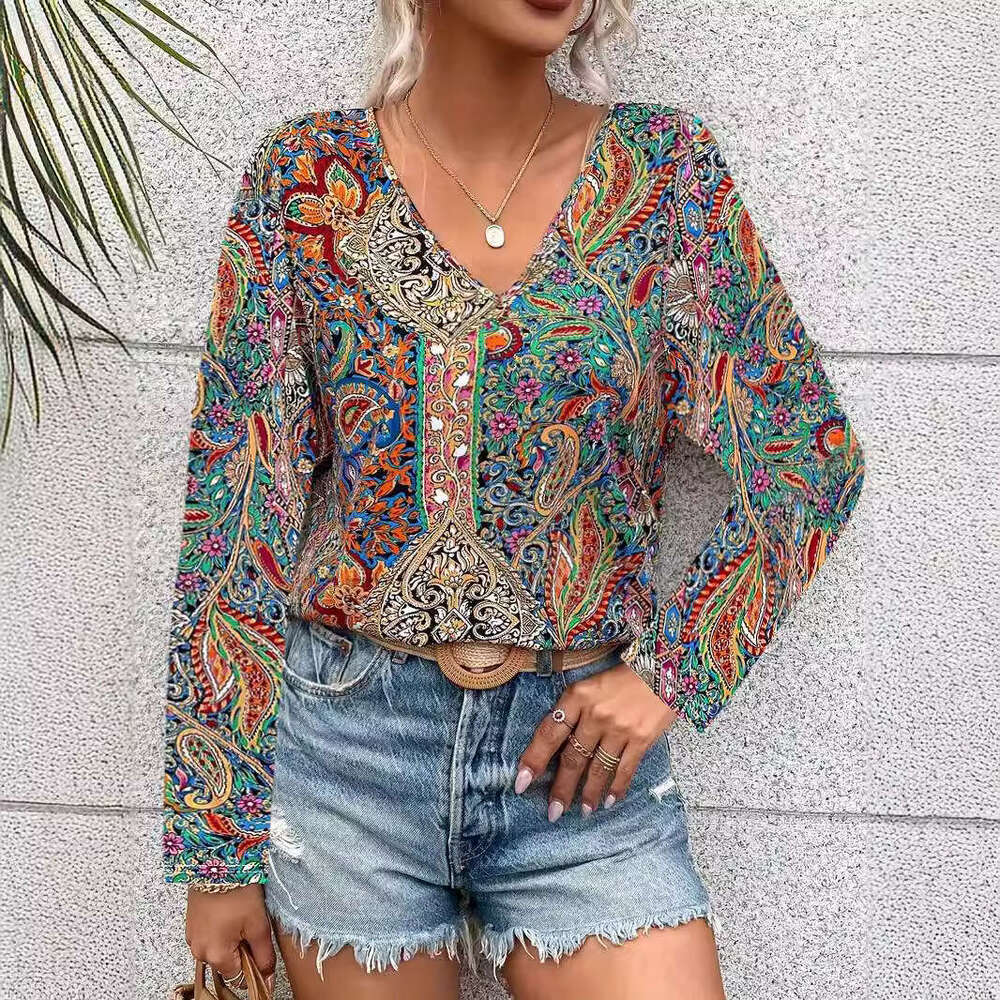 2024 New Hot selling Boho Paisley Printed V-neck Long sleeved Shirt Women's Wear