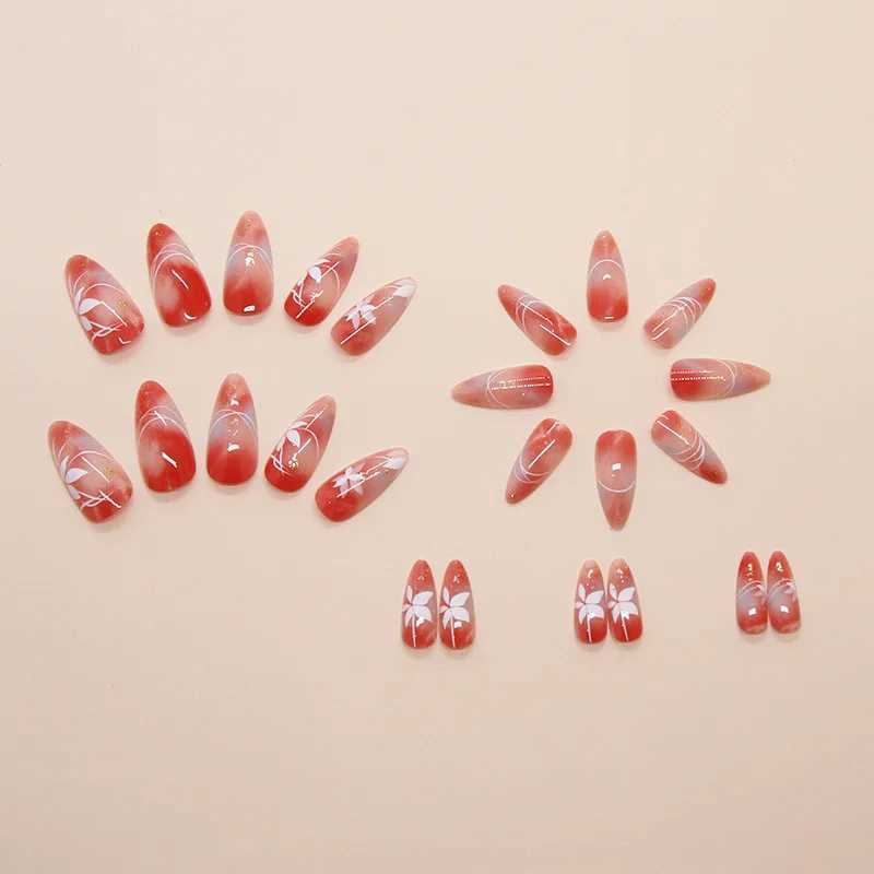 24 Ins flower false nails gradually powder blusher Korean sweet almond pressed on the nails suitable for women to wear removable false nails W240905
