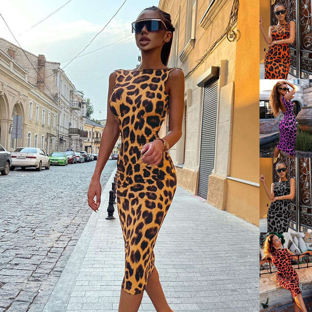2023 Spring/Summer New Leopard Pattern Tank Top Off Back Mid length Style with Tight Fit Skirt