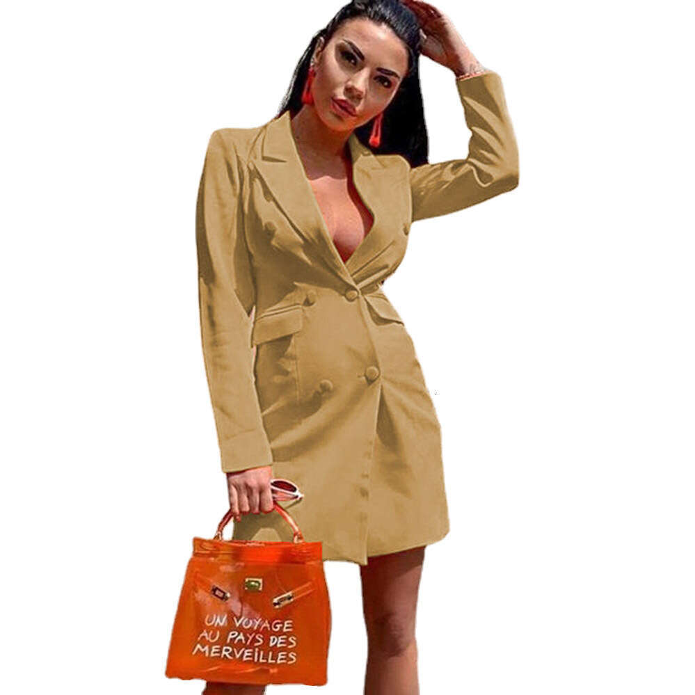 2024 New Women's Solid Color Slim Fit Suit Double breasted Button Long sleeved Flip Collar Coat Top