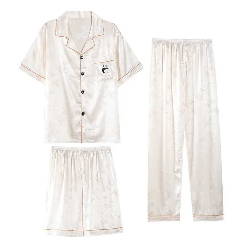 100kg Plus Size Mens 3pcs Pajama Set Silk Satin Short Sleeve Sleepwear Button Down Pjs Classic Loungewear Nightwear Home Clothes Y240906