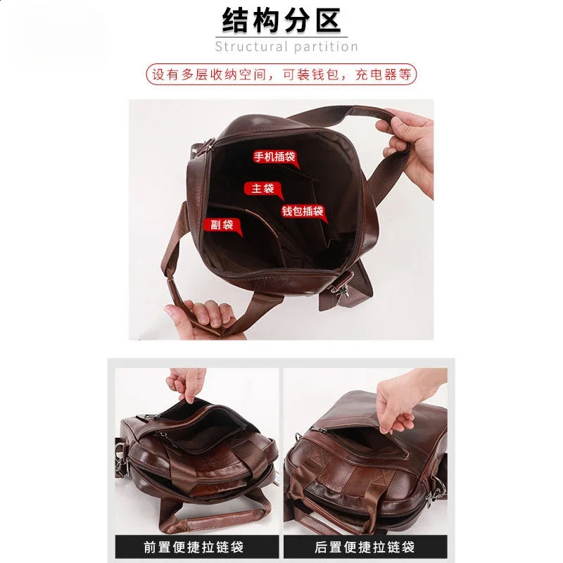 Mens handbag 100% genuine leather shoulder cross body bag vertical briefcase business travel messenger suitable for 133inch iPad 240906