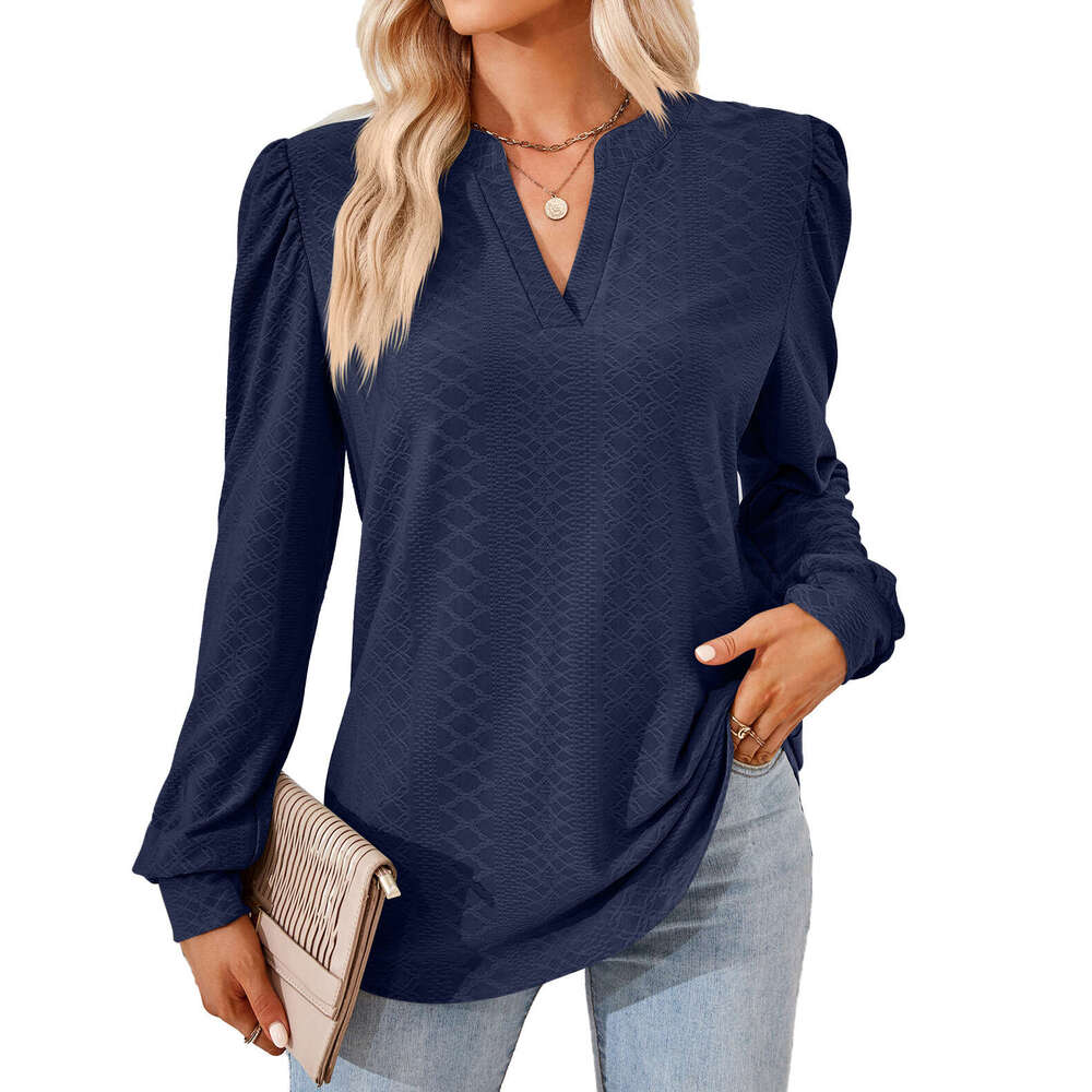 2024 Autumn/Winter New Solid V-Neck Jacquard Long Sleeve Loose T-shirt Top for Women