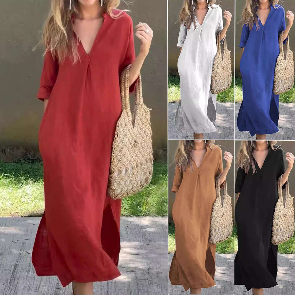 2024 Women's Summer Side slit Pocket V-neck 7-inch Sleeve Chest Crimson Dress