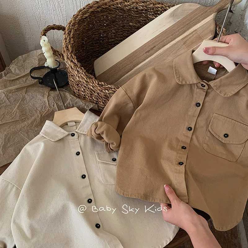 Kid Shirts Children Shirt 2023 Spring and Autumn Boy Korean Version of Retro Solid Color Shirt Baby Casual Long-sleeved Coat Y240906
