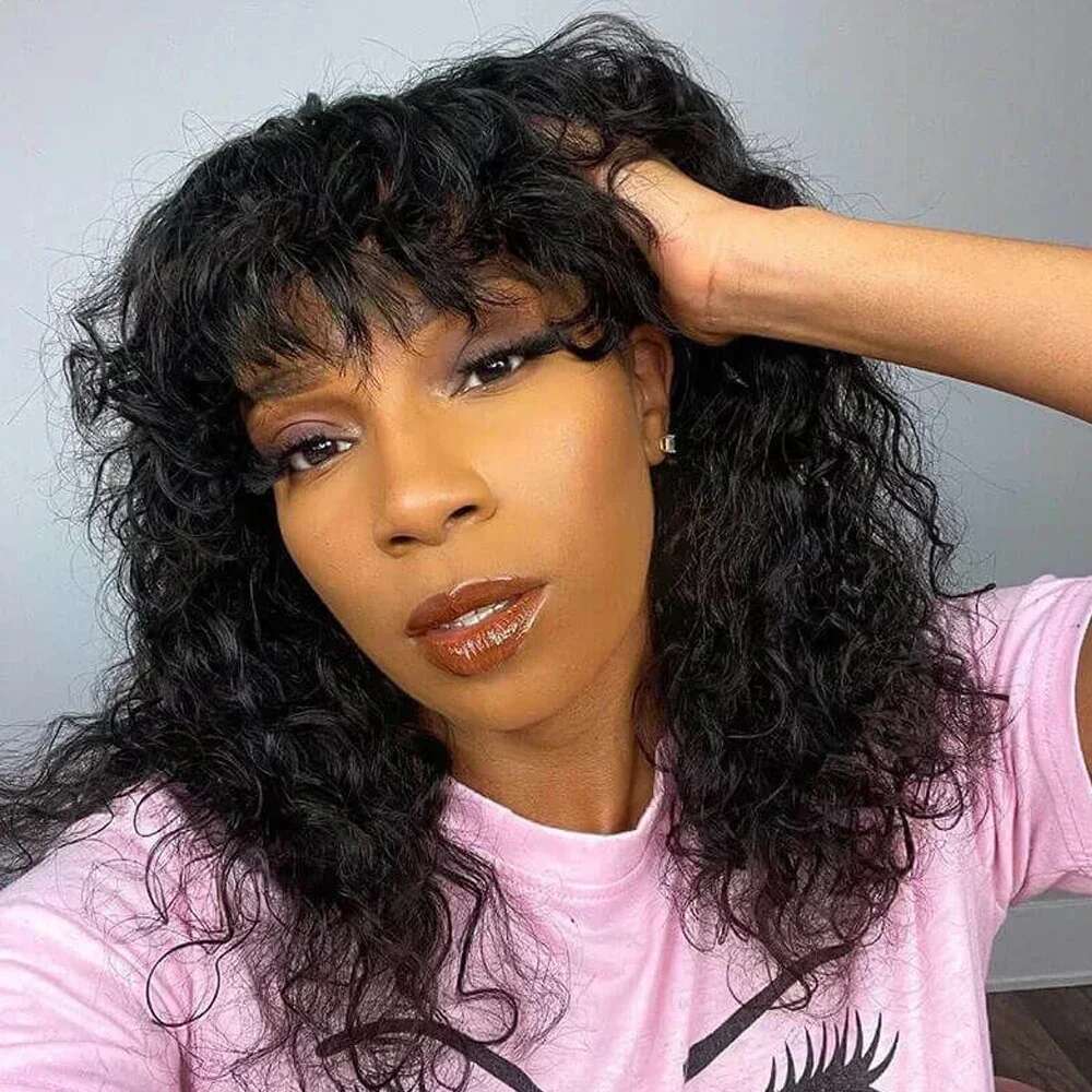 Human Hair With Bangs Brazilian Remy Funmi Short Bob Curly Wigs 180% Density Water Wave Wig Natural Black