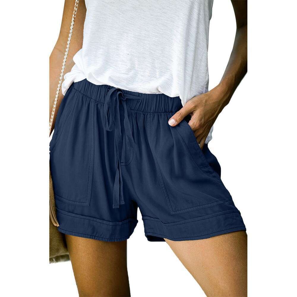 Casual women's summer new European version high waisted lace up loose wide leg shorts