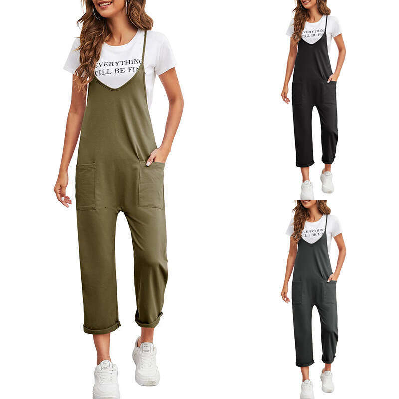 2024 Spring New Women's Casual Pocket Pants Solid Loose Strap Straight Jumpsuit