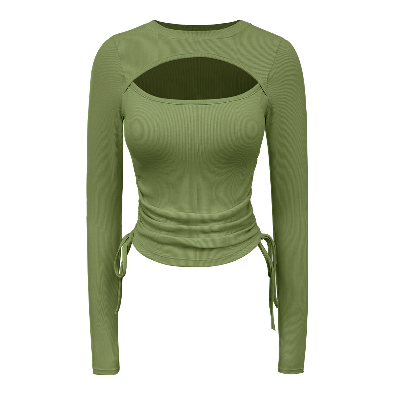 Yoga outfit women's new design sense hollow knitted base shirt, sports breathable drawstring tight long sleeved T-shirt top