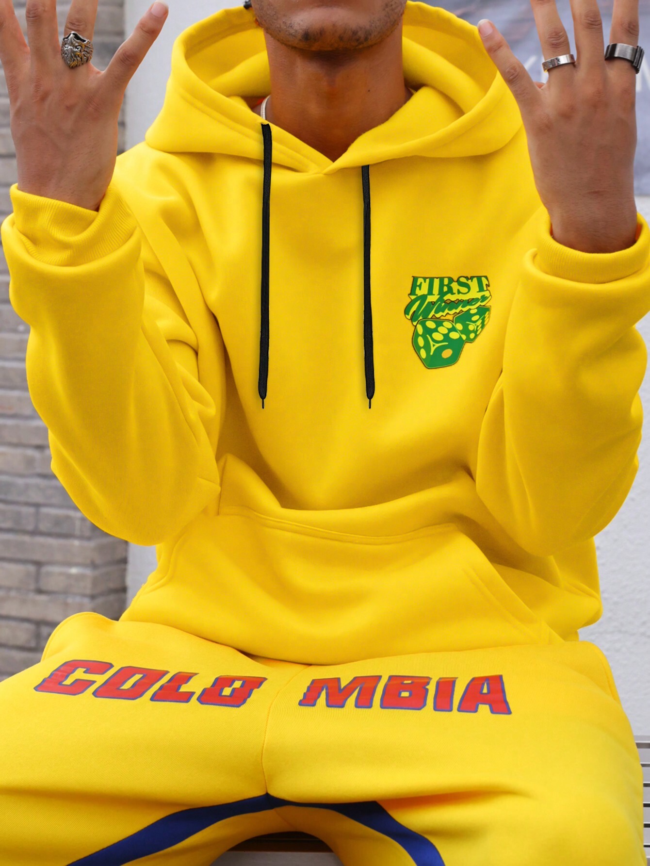 Free shipping Men's Collegiate Style Graphic Print Hoodie Sweatshirt Trendy Casual Hoodie Green Print With Yellow Hood , Street Wear