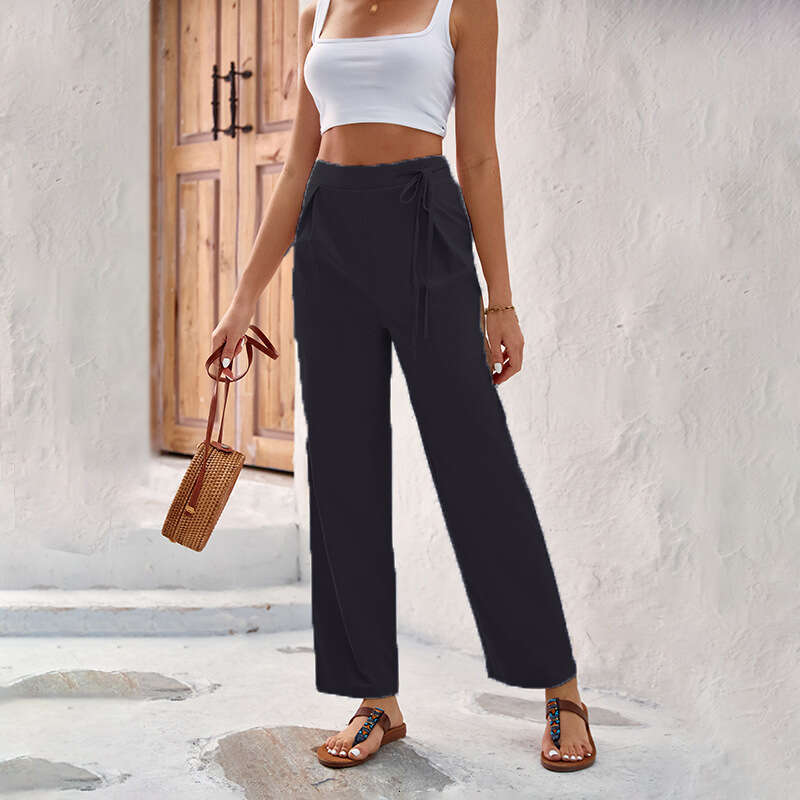 2024 New Spring/Summer Dropping Straight Tube High Waist Solid Color Lacing Wide Leg Pants for Women