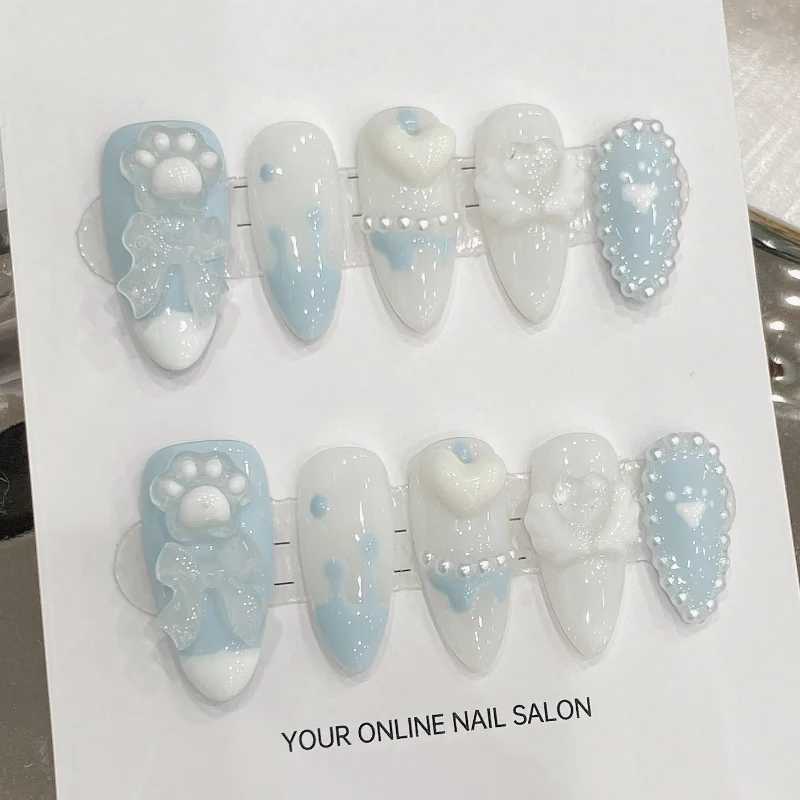 10 pieces of blue glossy full cover press French almond nail tips pearl heart bow decoration suitable for girls nail art decoration W240905