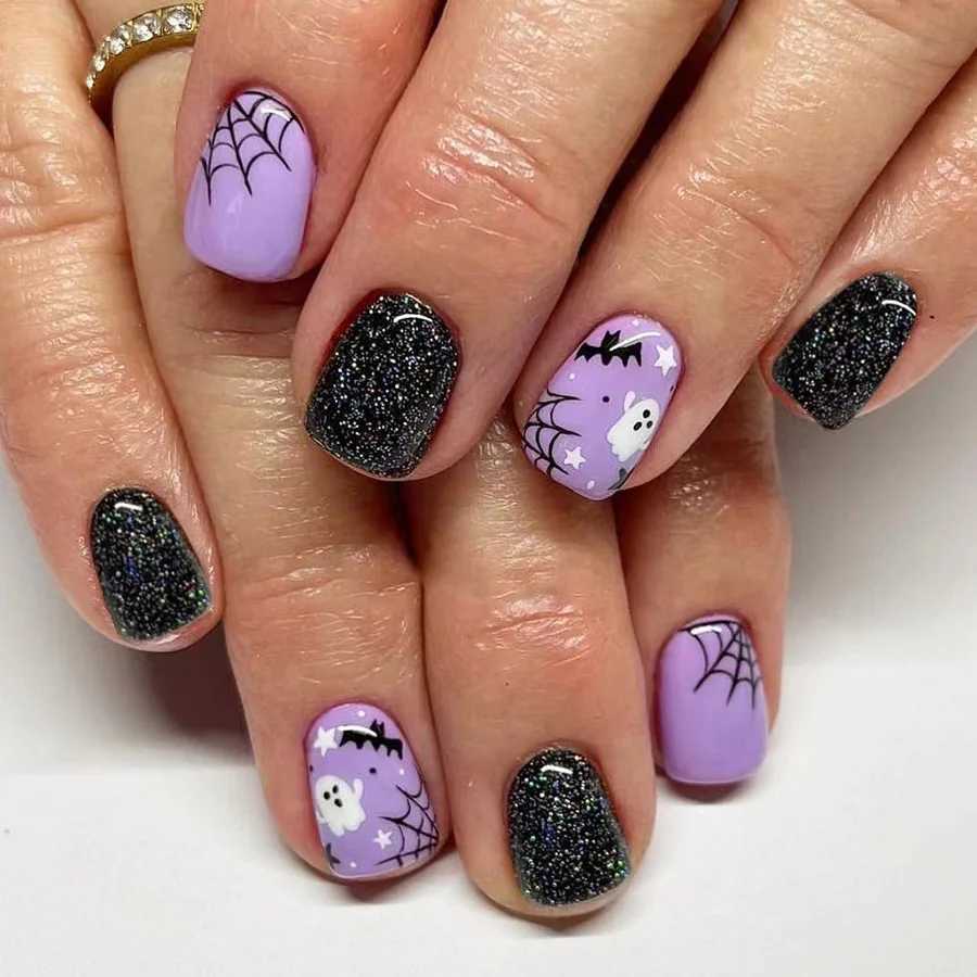 24 pieces of purple Halloween nail art set short square pressed nails with ghost bat spider web design fake nails for women and girls W240905
