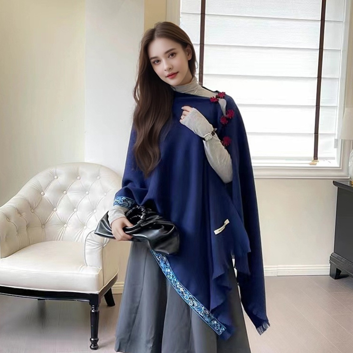 New ethnic style shawl with antique style buckle, multifunctional embroidery, warm and fashionable imitation cashmere shawl scarf