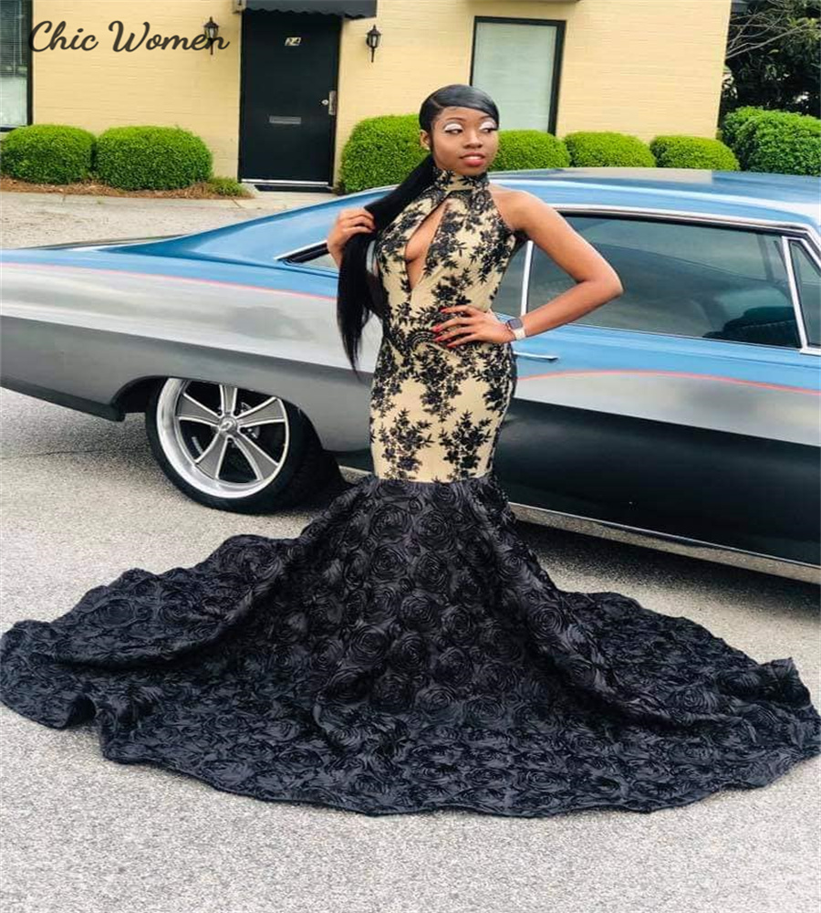 Nigerian Mermaid Black Prom Dresses With 3D Florals Keyhole Front Black Women Evening Dress Lace Customize Birthday Party Gown 2025 Bespoke Fromal Occ