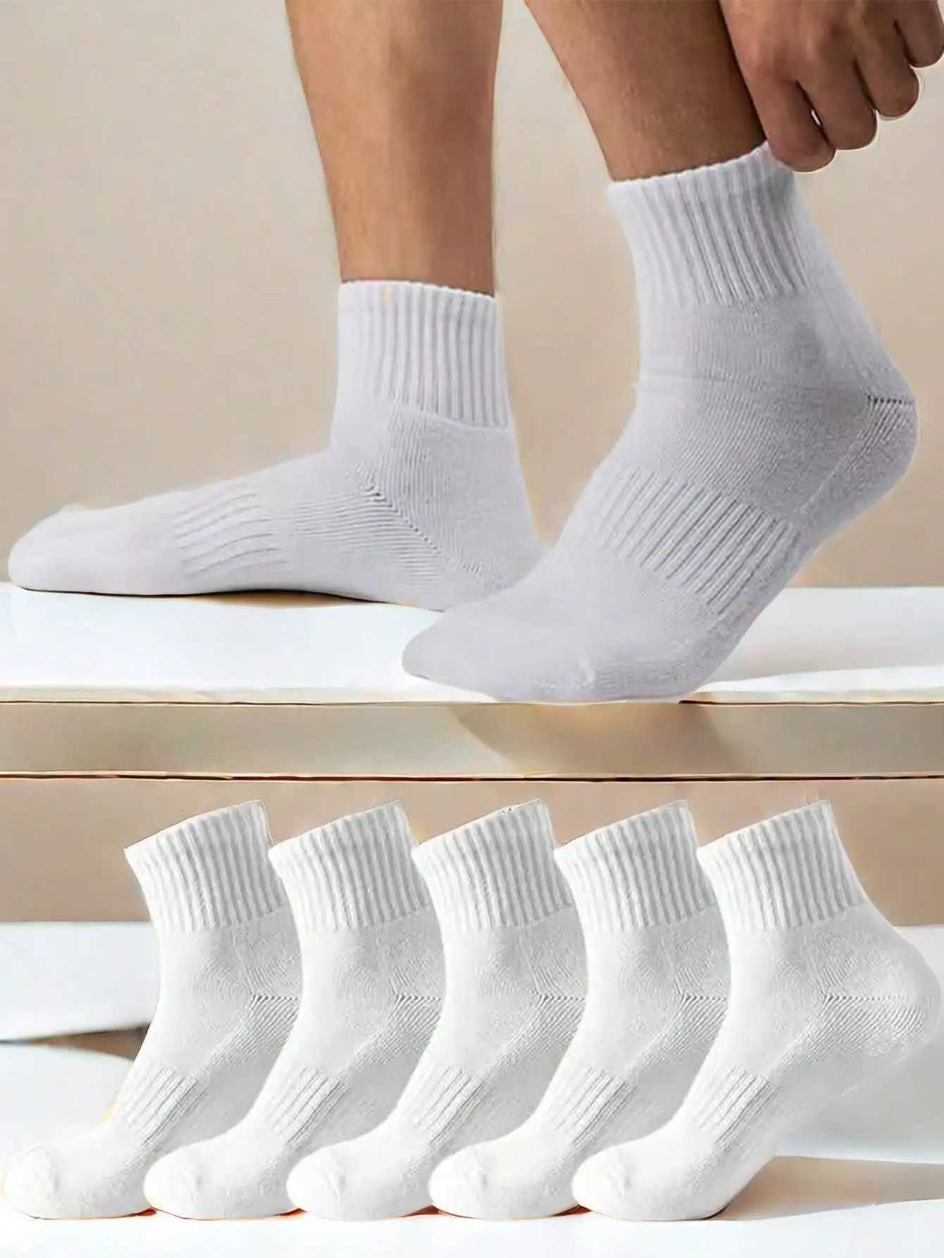 5 pairs of mens white mid calf length anti odor summer sports socks W240905