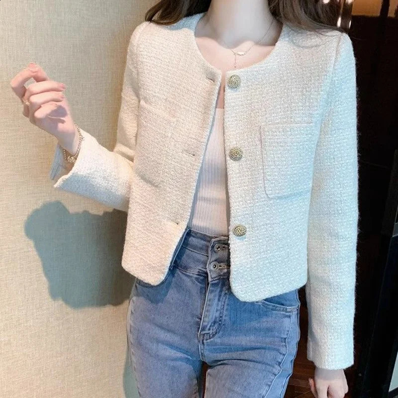 Rimocy Korean fashion tweed womens cut jacket spring round neck chic jacket womens beige single chest jacket women 240906