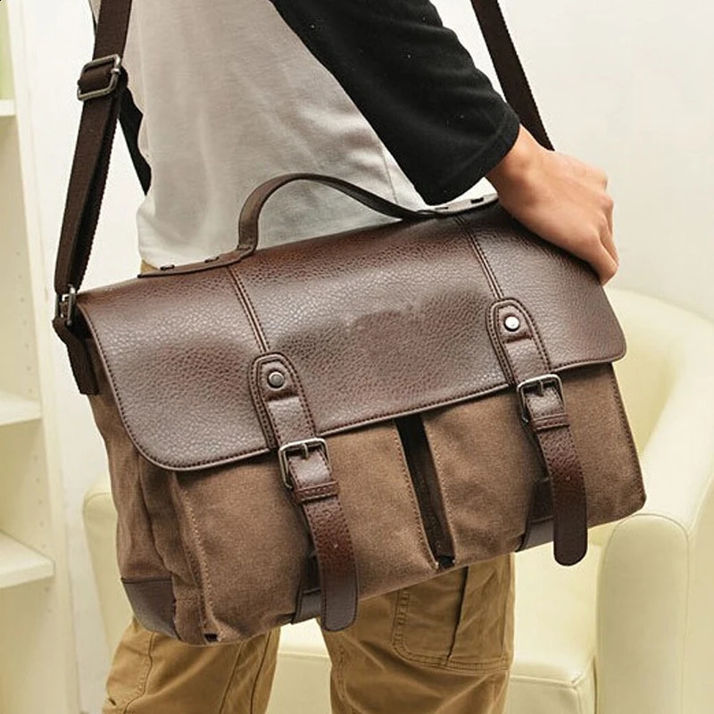 British retro mens messenger bag travel canvas strap leather briefcase Bolsos shoulder 240906