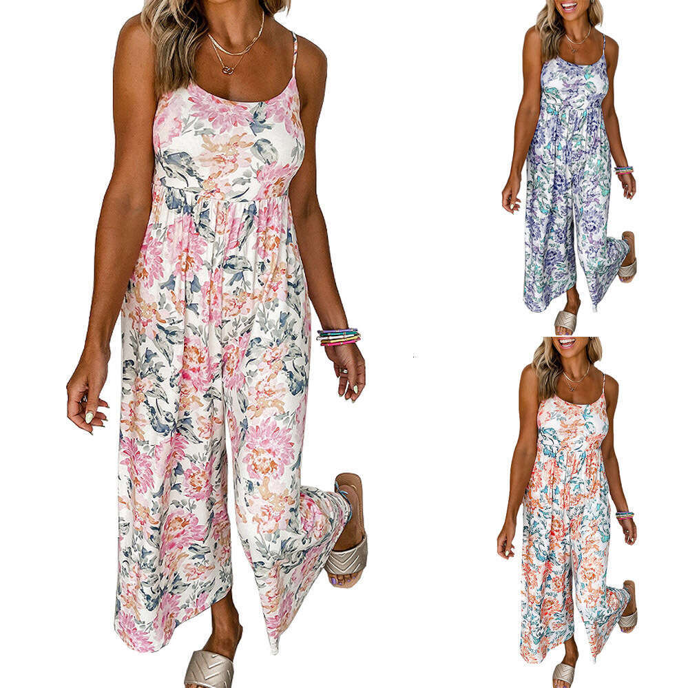 2023 TEMU Summer High Waist Wide Leg Flower Strap Open Back Jumpsuit Female