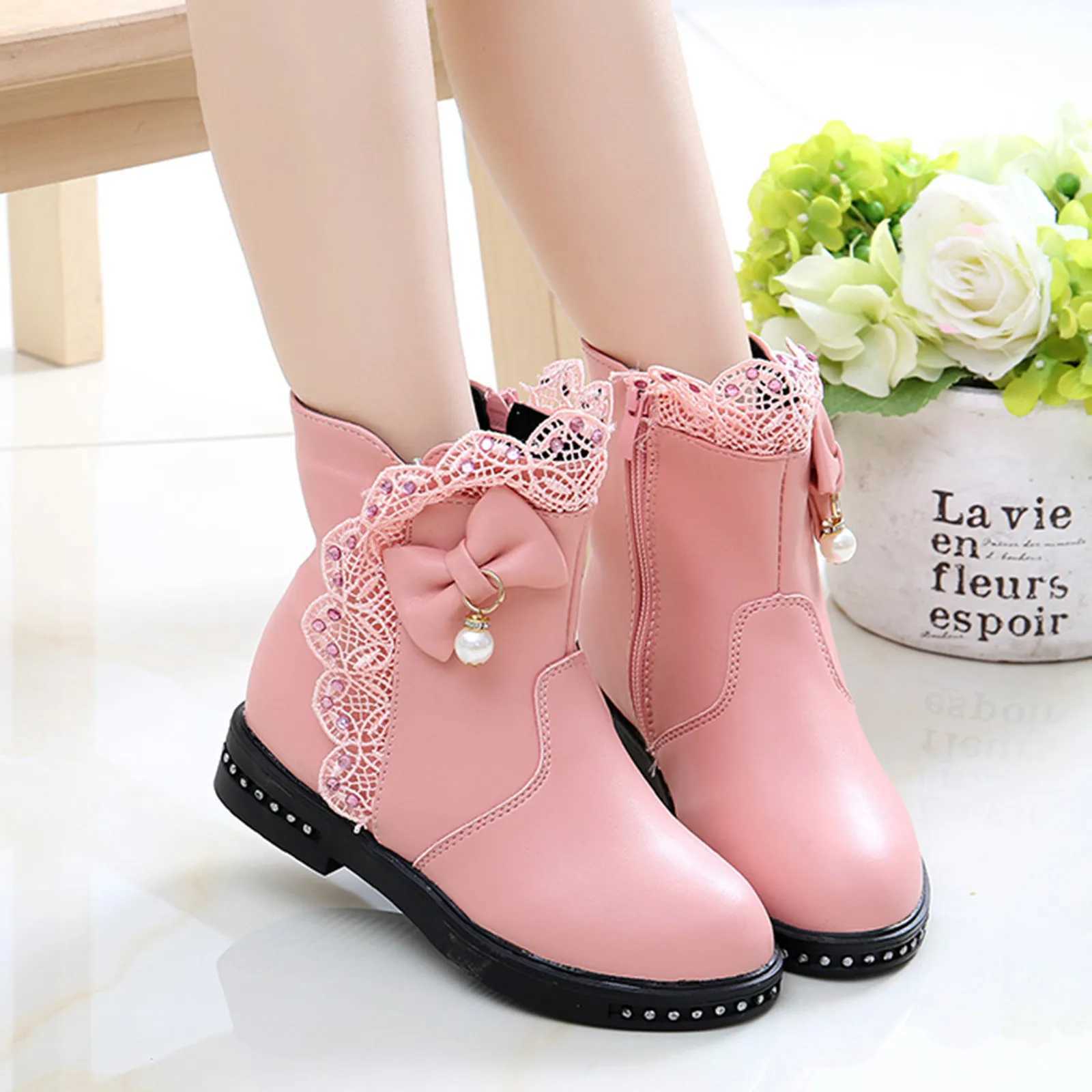 New Girls Princess Boots Kids Ankle Boots Lace with Bow-knot Sweet Warm Cotton Children Rubber Boots Fur Lining Snow Boots Shoes M240906