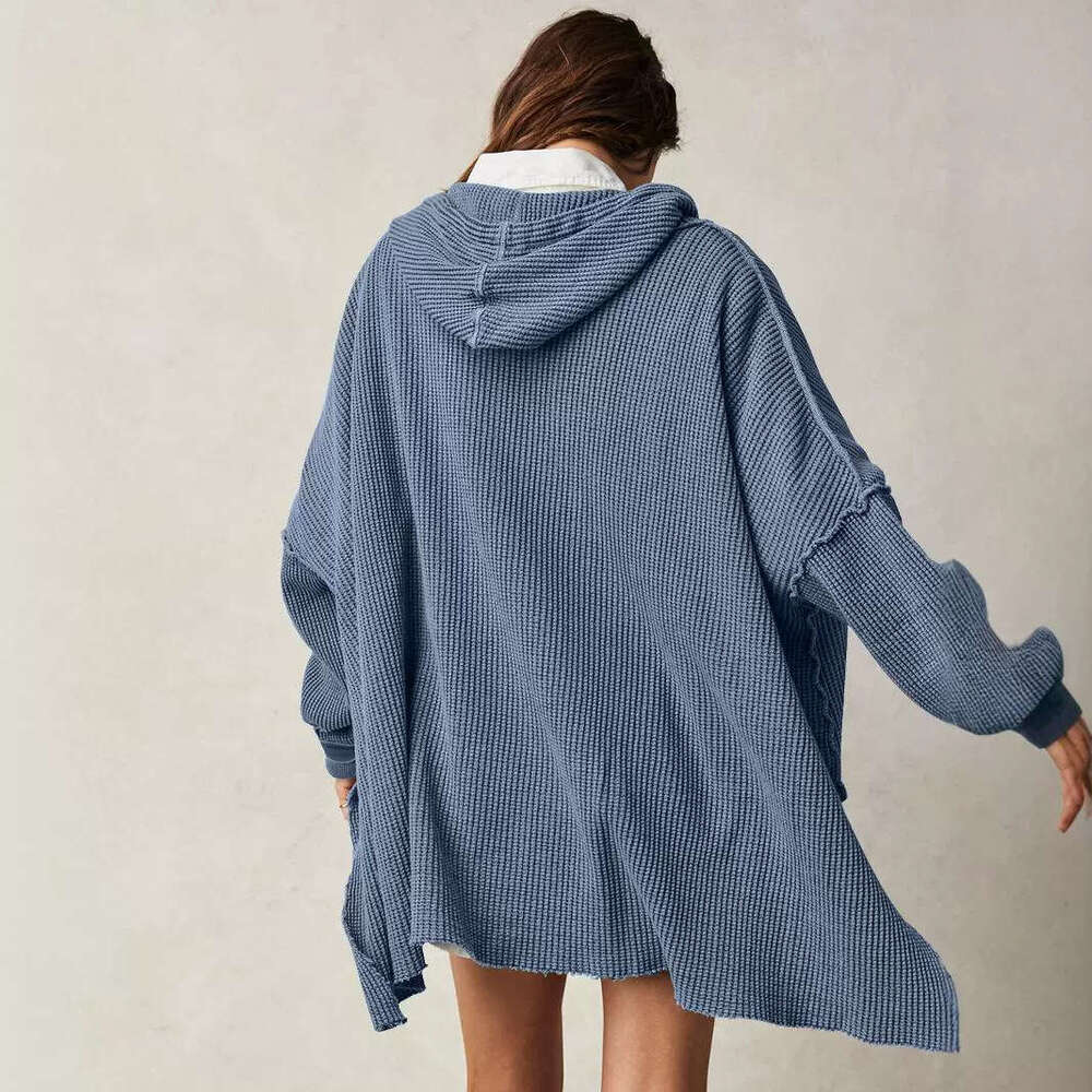 2024 Autumn Women's Loose Trendy Brand Solid Color Hoodie Waffle Long Sleeve Coat