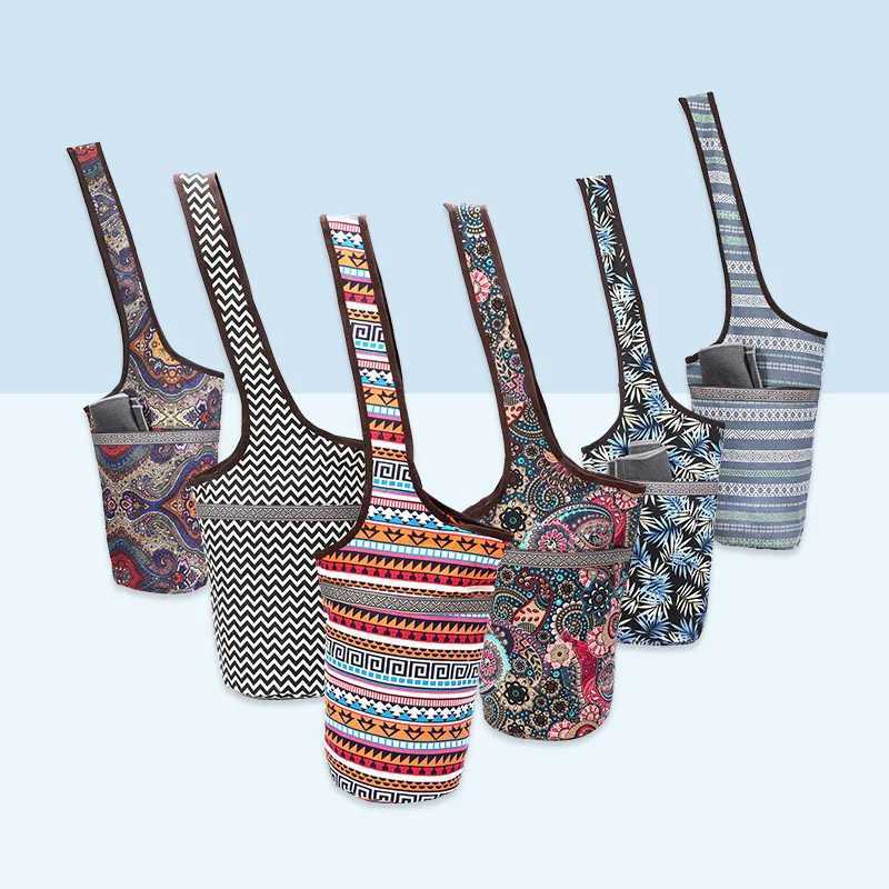 Single shoulder yoga mat bag womens canvas large-sized handbag sling carrier fitness bag waist flower ethnic style storage fitness bag W240906