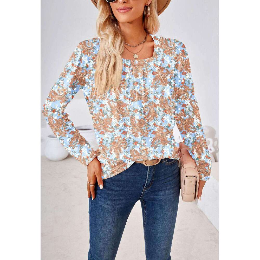 2024 Autumn/Winter Temu Square Neck Pleated Jacquard Long Sleeve Loose T-shirt Top Female