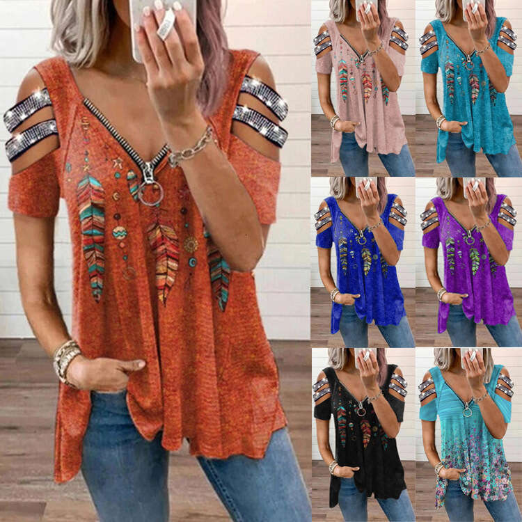 2024 V-neck Zipper Pullover Positioned Printed Short Sleeve Loose T-shirt Women's Top